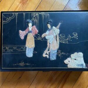 Large Vintage Asian Chinese Jewelry Lacquer Jade Stone Oriental Geisha Hand Craf